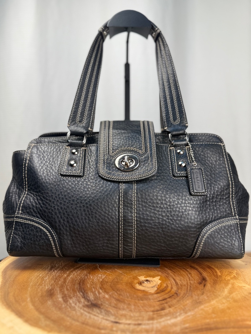 Coach Y2K Hamilton Satchel Black Pebbled Leather Turnlock Silver HW F13961 EUC